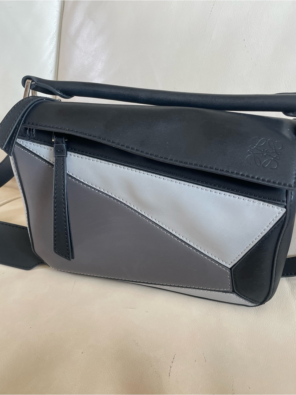 LOEWE Puzzle Small Patchwork in Anthracite Black and Grey Leather